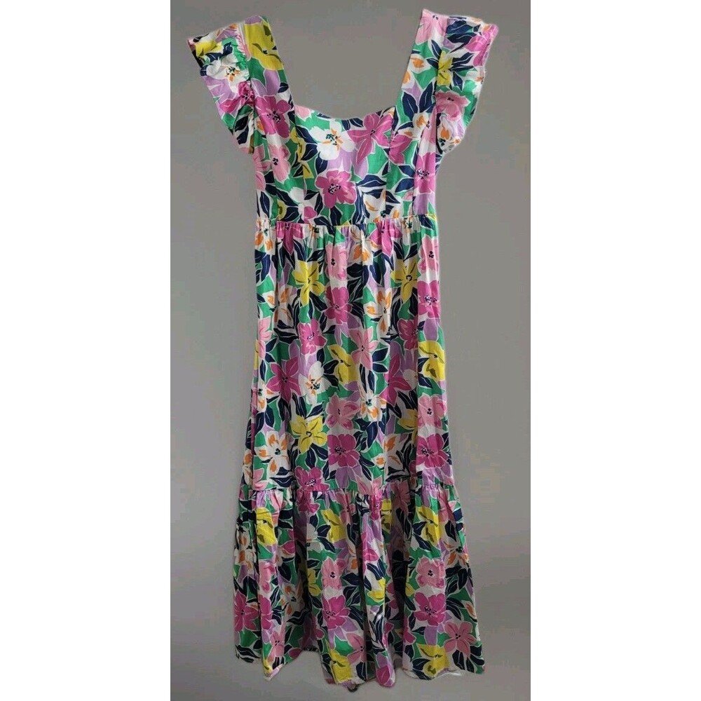 Meet Me In Santorini Sz M Floral Flutter Sleeve Tie Back Cut Out Maxi Dress